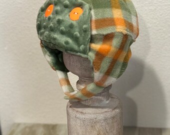 3-6 Mo. Super soft orange & green plaid with green Minky Aviator hat, XS, 3-6 Mo., hat