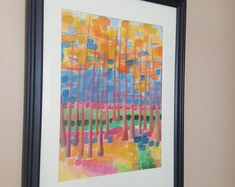Álamos no Outono: Pintura em Aquarela Fauvista, Emoldurada