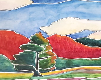 Pintura em aquarela original do reservatório de Ninepipes emoldurada