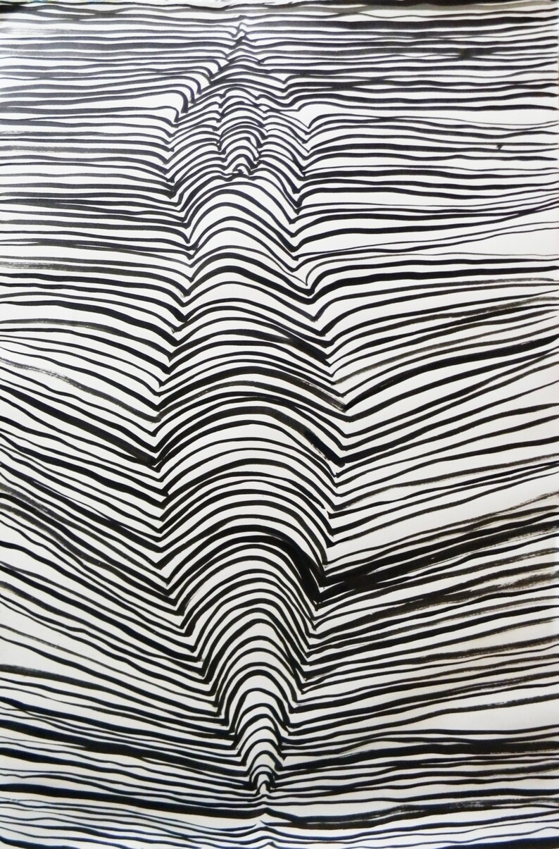 Pode incluir: Desenho abstrato de linhas em preto e branco com efeito 3D. As linhas s&atilde;o curvas e criam uma sensa&ccedil;&atilde;o de profundidade.