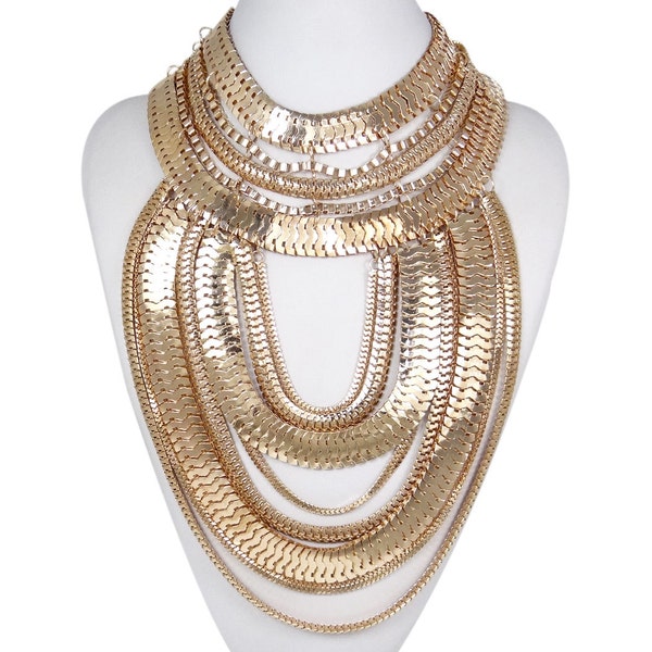 Huge Golen Chain Statement Necklace, Art Deco Style Necklace, Choker Chunky Necklace, Metal Work, Party Jewelry-160264070
