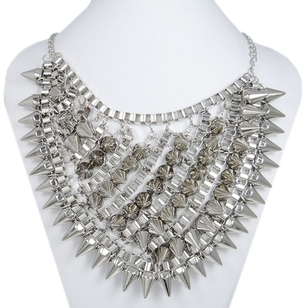 Bold Silver Tone Layers Spike Necklace, Statement Necklace, Metal Work, Vintage Inspired Jewelry,  Party Focus-153416408