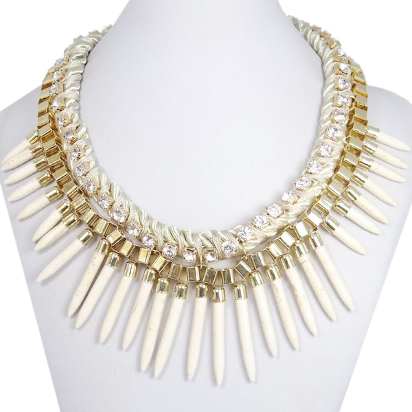 Gold Tone Cream Tassel Spike Statement Necklace, White Rope Bib Necklace With Clear Swarovski Crystal-151243645