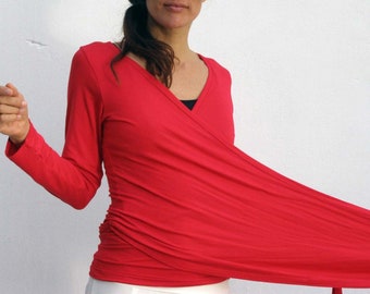 Red Blouse, Maternity Wear, Wrap Top, Casual Shirts, Ladies Red Tops, Plus Size Shirts, Convertible Tops, Lycra Shirt, Convertible Wrap top