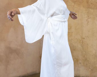 Handmade Off White Viscose Kimono Robe with Belt