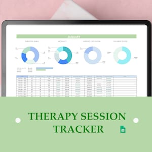 以下が含まれることがあります： 「THERAPY SESSION TRACKER」という緑色の見出しがついたスプレッドシートが表示されたコンピューター画面。スプレッドシートには、日付、時間、モダリティ、支払い状況など、セラピーセッションに関するデータが含まれています。スプレッドシートには、時間、モダリティ、到着状況、支払い状況別にセッションの分布を示す円グラフが4つ含まれています。