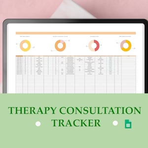 Op de afbeelding: Een digitale spreadsheet op een tabletscherm met de titel "Therapy Consultation Tracker". De spreadsheet bevat kolommen voor klantgegevens, sessiedata en notities. Er zijn ook vier cirkeldiagrammen die gegevens tonen met betrekking tot therapiesessies.