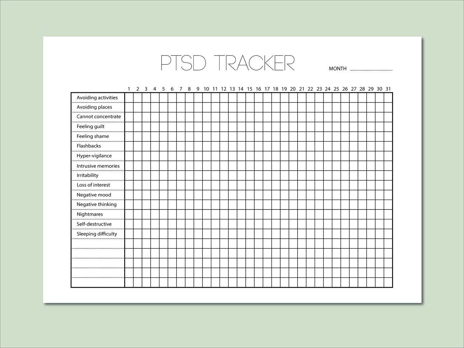 PTSD Symptoms Tracker: Monthly Daily, PTSD, Trauma Symptoms, CBT ...