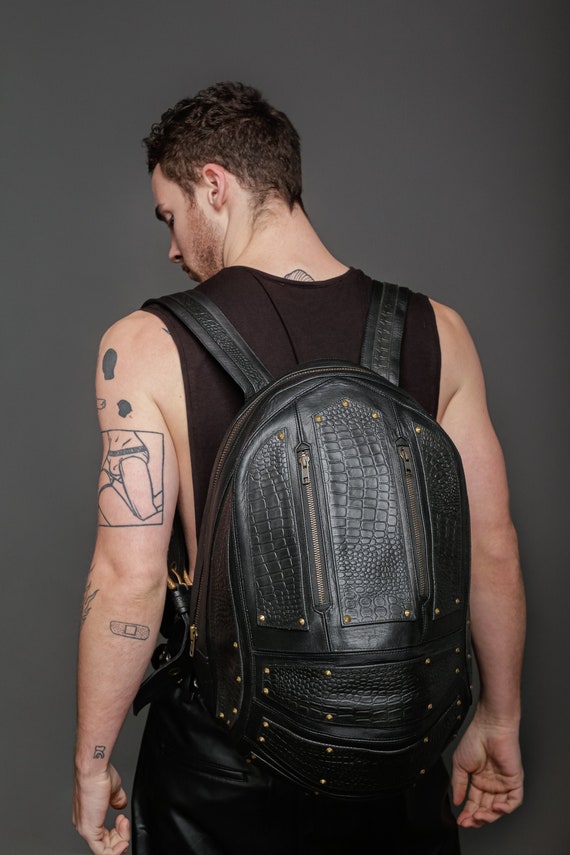 etsy black leather backpack