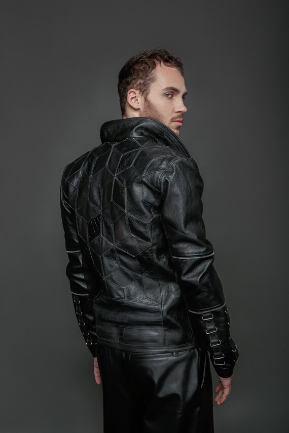 Hexagonal Shades of Black Men's Recycled Leather Jacket Etsy
