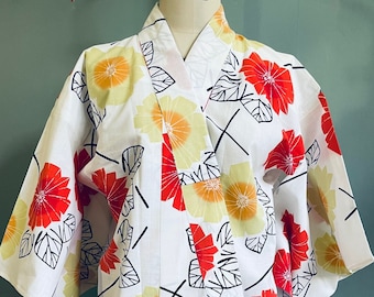 Vintage bawełniany kimono yukata w kwiaty, japoński letni szlafrok boho