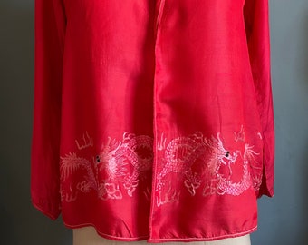 1920s Silk Jacket: Antique Strawberry Red Embroidered Dragon, UK Size 10