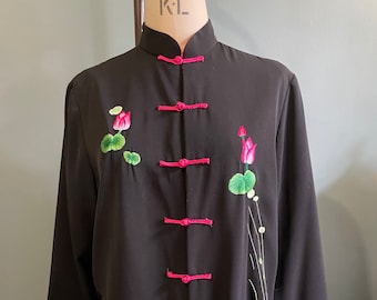 Vintage zijden Chinese jas met antiek geborduurd draakje en bloemenmotief, oosterse stijl, maat 12-14