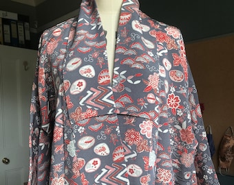 Vintage Silk Kimono Robe Grey Floral Japanese Antique Long Kimono