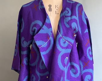 Vintage Raw Silk Michiyuki Kimono Coat: Purple Sapphire Scroll Pattern