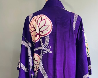 Vintage Silk Haori Kimono Jacket Purple Shibori Floral Japanese Robe