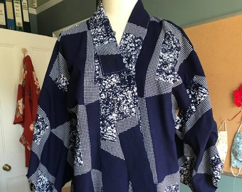 Cotton Kimono Yukata Kimono Vintage Kimono Indigo Cotton in an abstract patchwork graphic design 30's