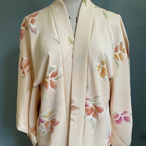 Vintage Silk Haori Kimono Jacket: Camellia Floral Print, Size 10/12