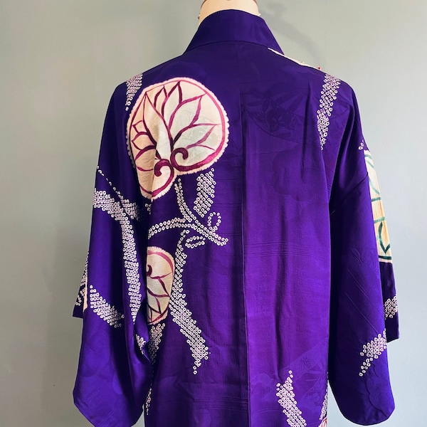 Vintage Haori Silk Kimono Jacket long length in deep purple Silk Jacquard and Shibori patterns Arabesque style- stunning!