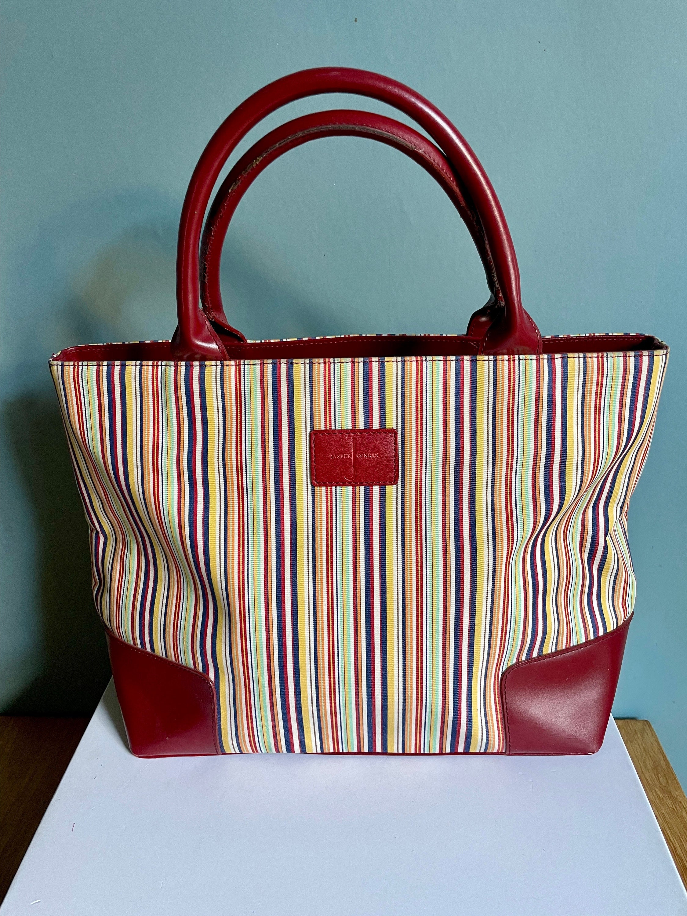 Gucci Logo Striped Leather Canvas Tote Bag Red White Blue