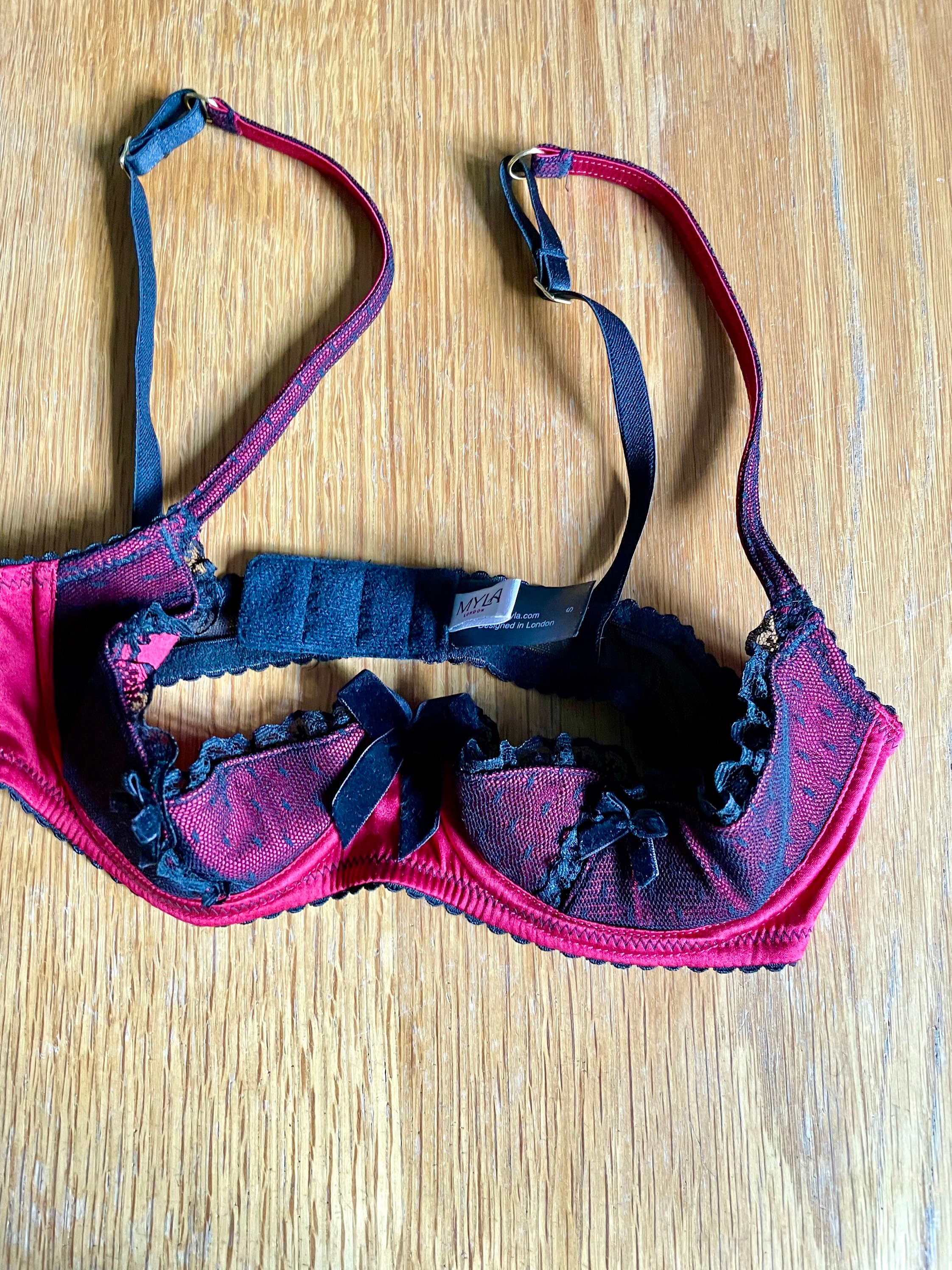 MYLA Silk Quarter Cup Bra Boudoir Bra Size 32a/b Red Silk and