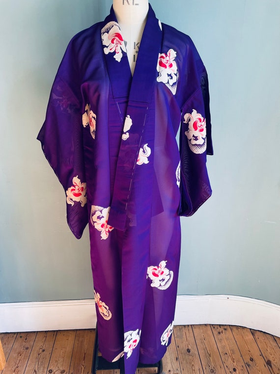 Vintage Silk Gauze Kimono: Deep Purple Embroidered Orchids - Etsy