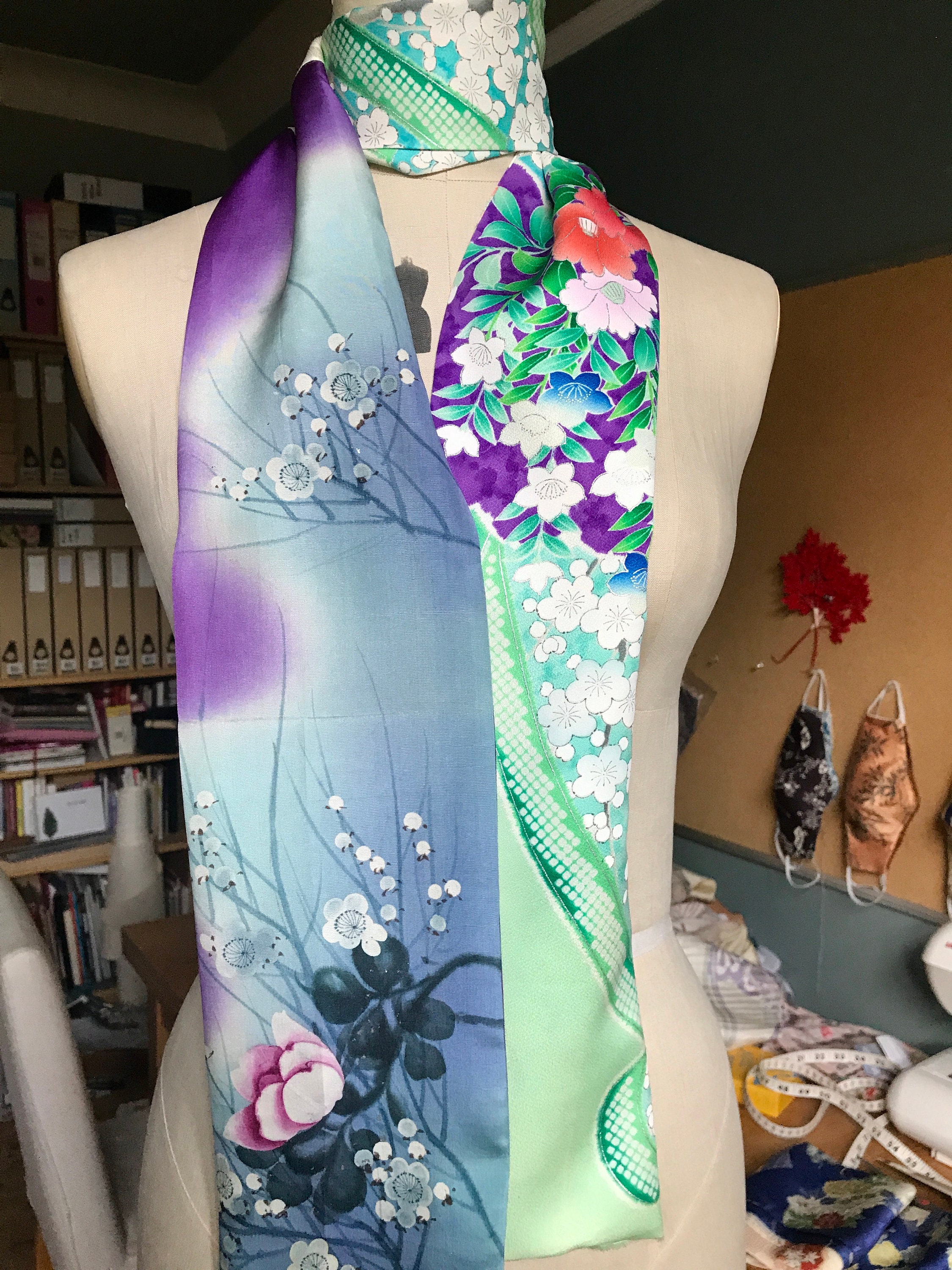 Kimono Silk scarf Vintage Kimono scarf Skinny scarf mint Etsy