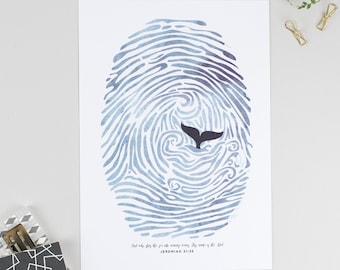 Bible Verse Fingerprint Jeremiah 31v35 - Water and Whale Christian Print - FREE UK DELIVERY