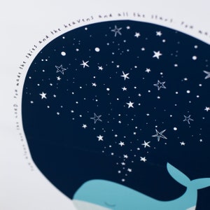 May include: A whimsical illustration of a whale with a starry night sky design. The whale is light blue, and the night sky is dark blue with white stars. The text "You made the skies and the heavens and all the stars" is written around the edge.