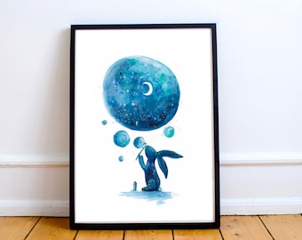 Bunny blowing bubbles Space Art Print - FREE UK DELIVERY