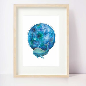May include: A watercolor illustration of a whale swimming in front of a blue and green moon with stars. The moon has a quote around it that reads "And the heavens declare the glory of God; the skies proclaim the work of his hands."