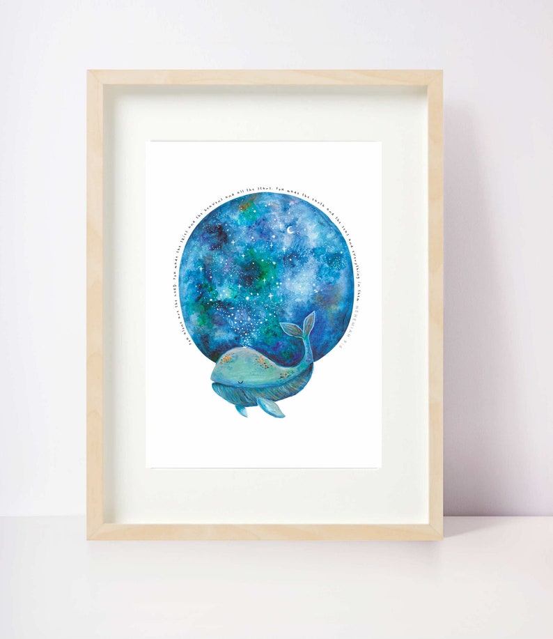 May include: A watercolor illustration of a whale swimming in front of a blue and green moon with stars. The moon has a quote around it that reads "And the heavens declare the glory of God; the skies proclaim the work of his hands."