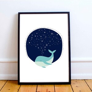 May include: A framed art print featuring a whimsical illustration of a blue whale. The whale is depicted with a spout of stars against a dark blue night sky filled with stars. The print has a white background and a black frame.
