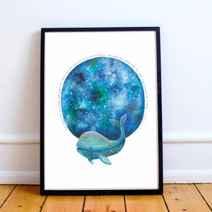 May include: A watercolor painting of a blue whale with a starry sky inside its body. The text around the whale reads "For after the rain, there comes the beauty of the heavens and all the stars, and the earth is everything in between."
