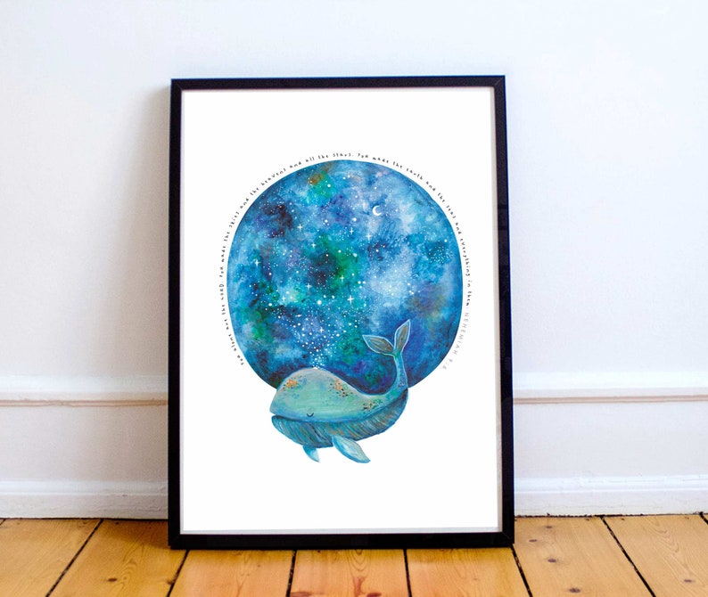 May include: A watercolor painting of a blue whale with a starry sky inside its body. The text around the whale reads "For after the rain, there comes the beauty of the heavens and all the stars, and the earth is everything in between."