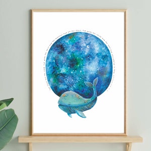 May include: A watercolor painting of a blue whale swimming in front of a starry night sky. The text "Haveal had all the stars. Tow what the earth had the long Ad Vangthing in the NEHEMIAH" is written around the whale and the sky.