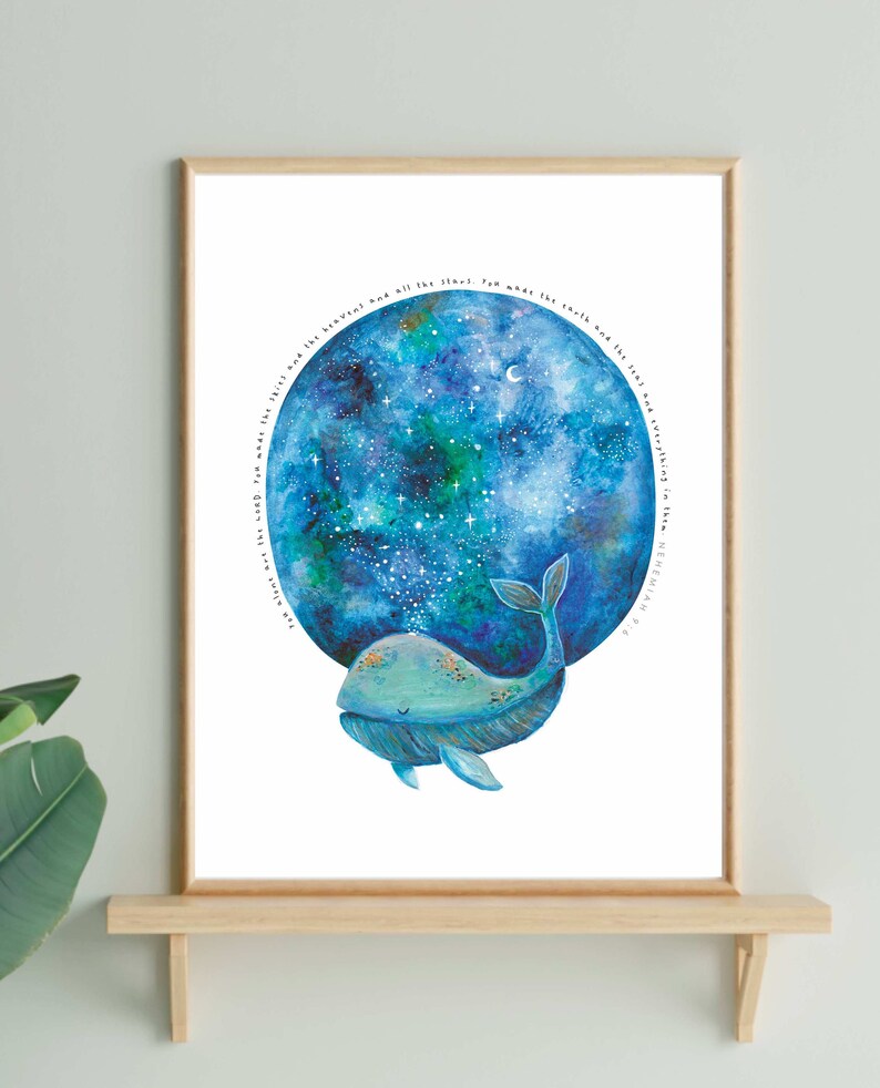 May include: A watercolor painting of a blue whale swimming in front of a starry night sky. The text "Haveal had all the stars. Tow what the earth had the long Ad Vangthing in the NEHEMIAH" is written around the whale and the sky.