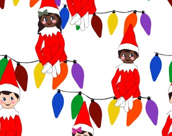 Father Christmas Elf Pixie Santa green trees cute 100/% Cotton Fabric HALF METRE