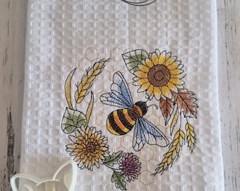 Sunflowers and bees summertime embroidered waffle weave tea towel.