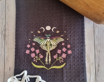 Polilla luna con diseño floral y paño de cocina bordado trío lunar