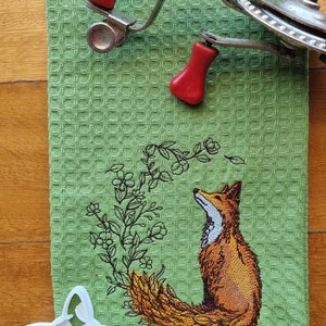 Waffle weave  embroidered Tea Towel, Fox dreaming