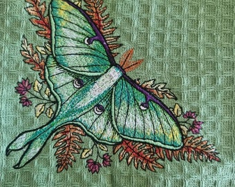 Magikal Luna moth embroidered tea towel