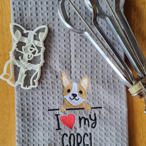 I Love my Corgi tea towel. Waffle weave tea towel, 100% cotton. Embroidered