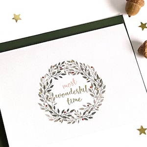 Kranskerstkaart, botanisch, eucalyptuskerstkaarten, Most Wonderful Time Card, extra feestelijke kerst **MET GOUDKOPEREN stippen**