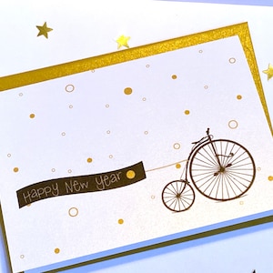 Carte de bonne année, bonne année à vélo, carte de nouvel an confettis, *nous pouvons imprimer votre message et le poster directement*