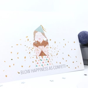 Verjaardagskaart meisje, meisje waait confetti, kaart verjaardagsfeestje, Blow Happiness als confettikaart, vrolijk meisje verjaardagskaart.