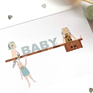 Biglietto speciale per neonato ragazzo o ragazza, annuncio di nascita di un neonato, invito per la doccia del bambino, biglietto per l'asilo nido carino, scaffale per coniglietti carini, adesivo per bambini