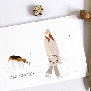 Beagle-kerstkaart, beagle en moeder-kerstkaart, hondenliefhebbers-kerstkaart, meisje dat een beagle loopt. Hondenkerstkaart *GEPERSONALISEERD*