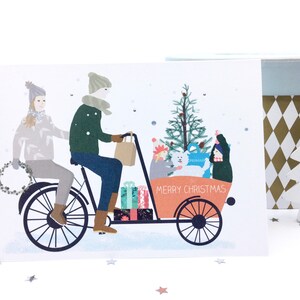 Tarjeta de retrato familiar de Navidad, tarjetas navideñas con ilustraciones familiares personalizadas, tarjetas de retrato familiar de Dutch Bakfiets, JUEGO DE 10 TARJETAS