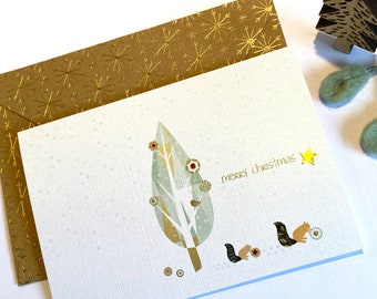 Special Christmas Celebration Card,  Modern Christmas Cards, Holiday Cards, Squirrels  Christmas Cards . Christmas tree, star and squirrels